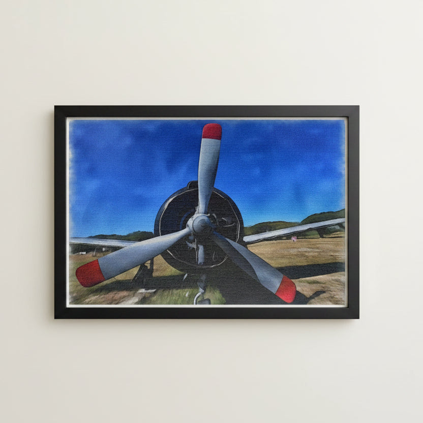 Close-up of a propeller on an airplane with a scenic background jigsaw puzzle framed and hung on a wall