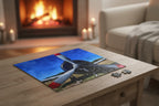 Jigsaw puzzle with an airplane propeller design on a living room coffee table with a fireplace in the background