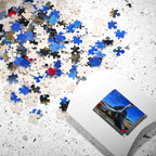 Jigsaw puzzle pieces on a surface with a completed puzzle showing an airplane propeller