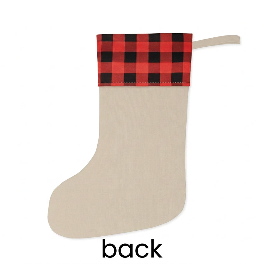 Natural linen back of the Christmas stocking with a red-and-black plaid cuff and hanging loop