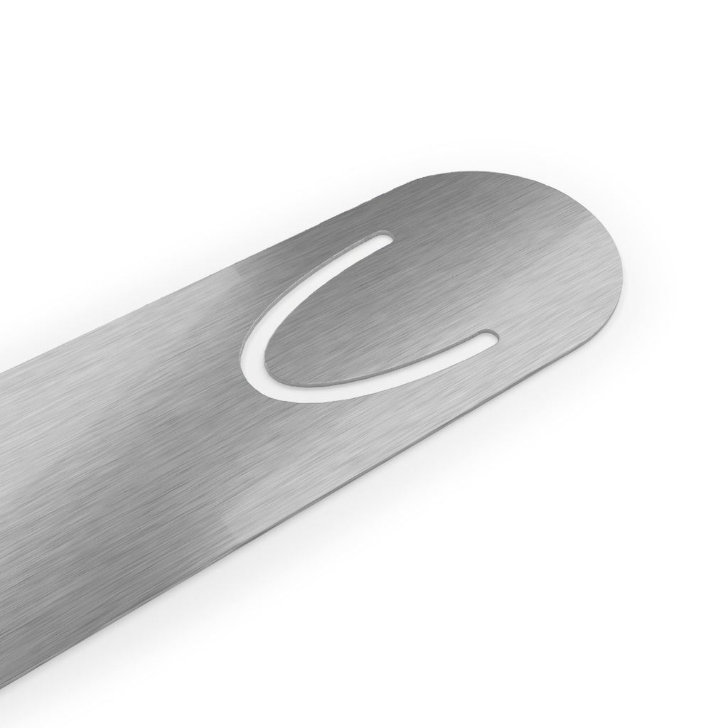 backside of Metallic bookmark with a circular cutout on a white background