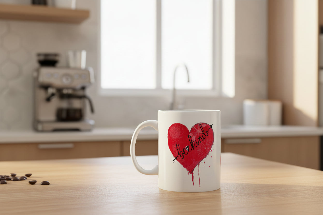 White mug with a red heart design and 'be kind' text on a kitchen counter