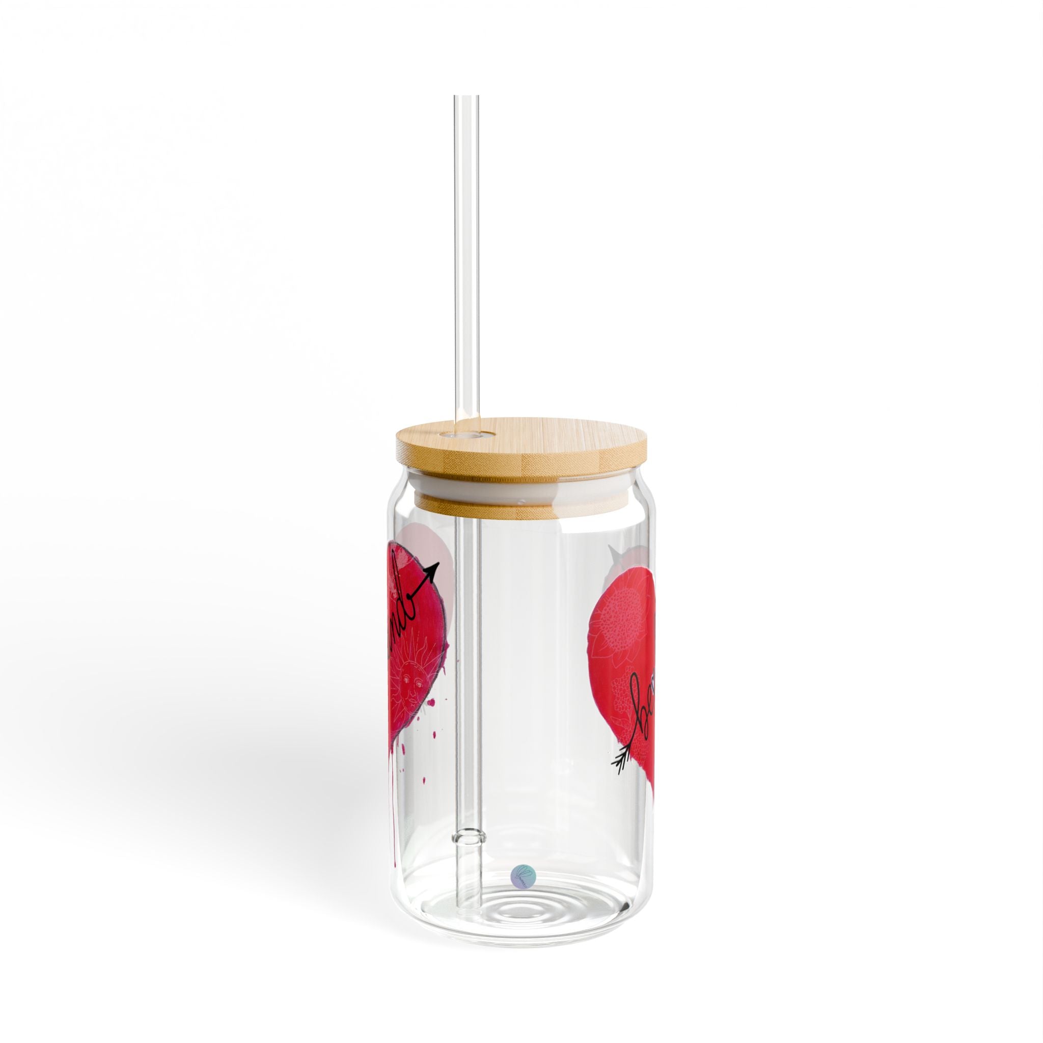 Clear glass tumbler with wooden lid and straw, featuring red heart designs on a white background.
