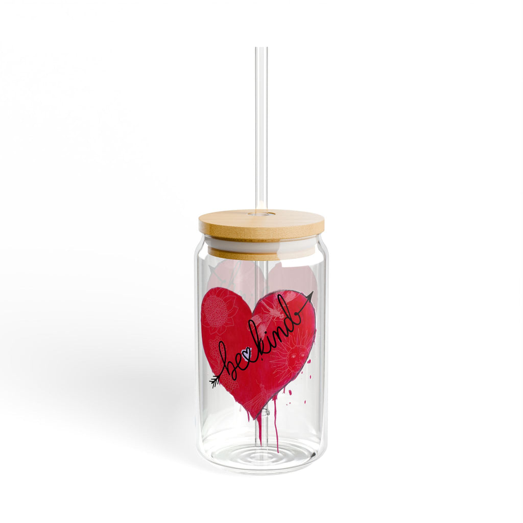 Clear tumbler with a red heart and 'lovelorn' text, wooden lid, and straw on a white background.