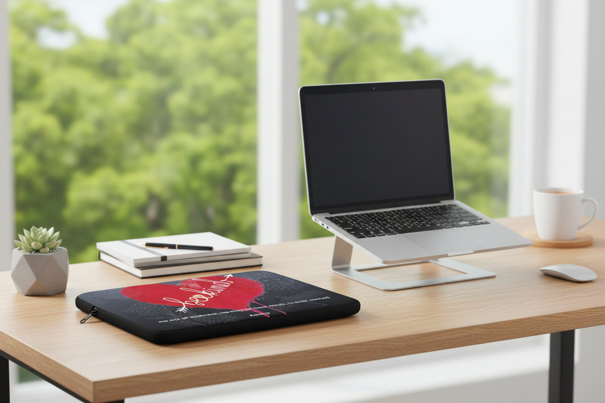 Laptop sleeve with red heart and 'be kind' text on a black background