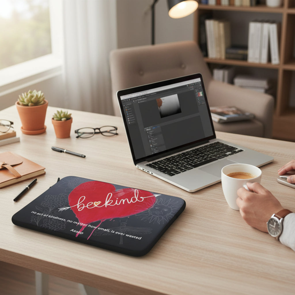 Be Kind laptop sleeve on desk with laptop and a hand holding a coffee cup