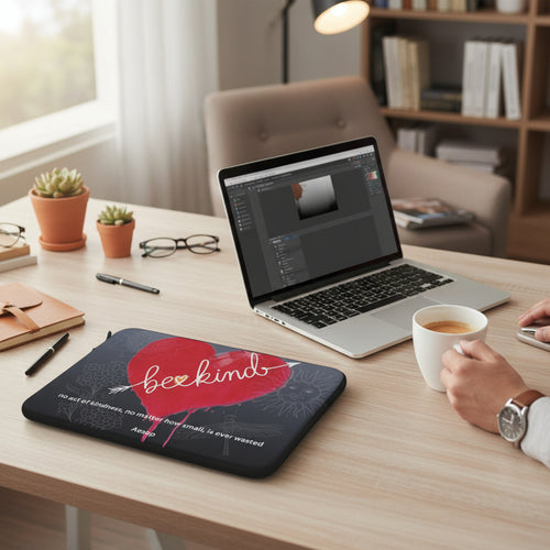 Be Kind laptop sleeve on desk with laptop and a hand holding a coffee cup