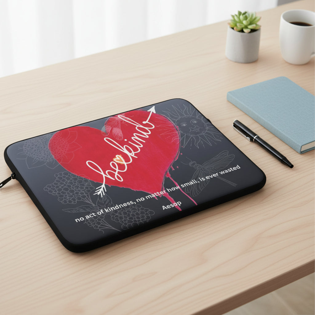 Be Kind laptop sleeve on clean desk with pen and notebook designed by Marife Rosales of MyLittleFe