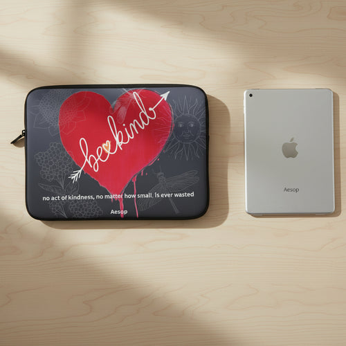 Laptop sleeve with red heart and 'be kind' text on a black background next to an ipad on a light wood desk