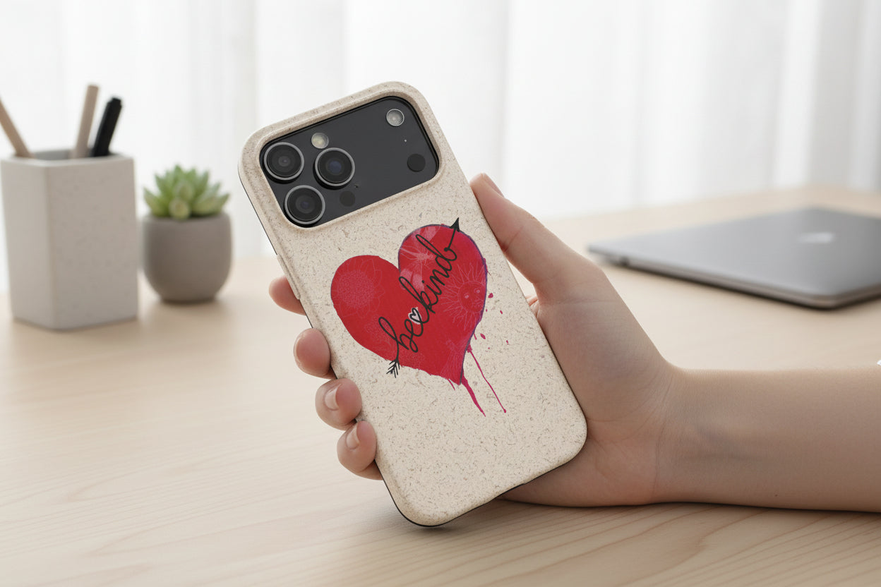 Hand holding a Phone case with a red heart and 'be kind' text 