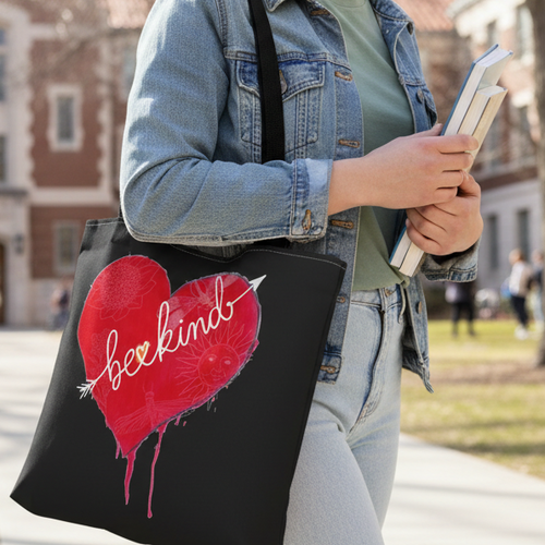 Black tote bag with Be Kind text on a red bleeding heart carry by a woman at a school ground