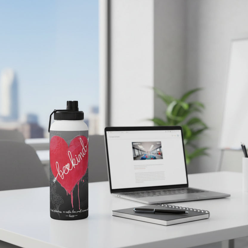Water bottle with a red heart and 'be kind' text on office desk with laptop, black notebook and pen