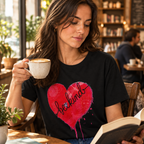 A woman sitting in a cozy cafe setting, wearing a black t-shirt with a red heart graphic that says 'be kind' in black script. She is holding a cup of coffee and reading a book on a wooden table.