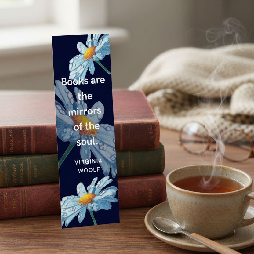Bookmark with a quote by Virginia Woolf on a table with books and a cup of tea.