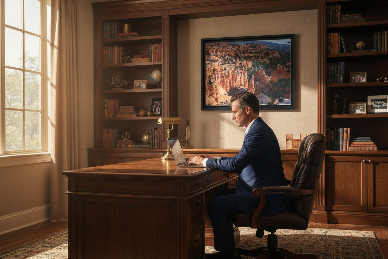 Framed photograph of Bryce Canyon with red rock formations and greenery in a man's home office with man working at his desk.