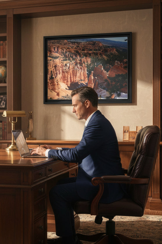 Man in a suit sitting at a desk with a laptop, framed landscape picture on the wall.