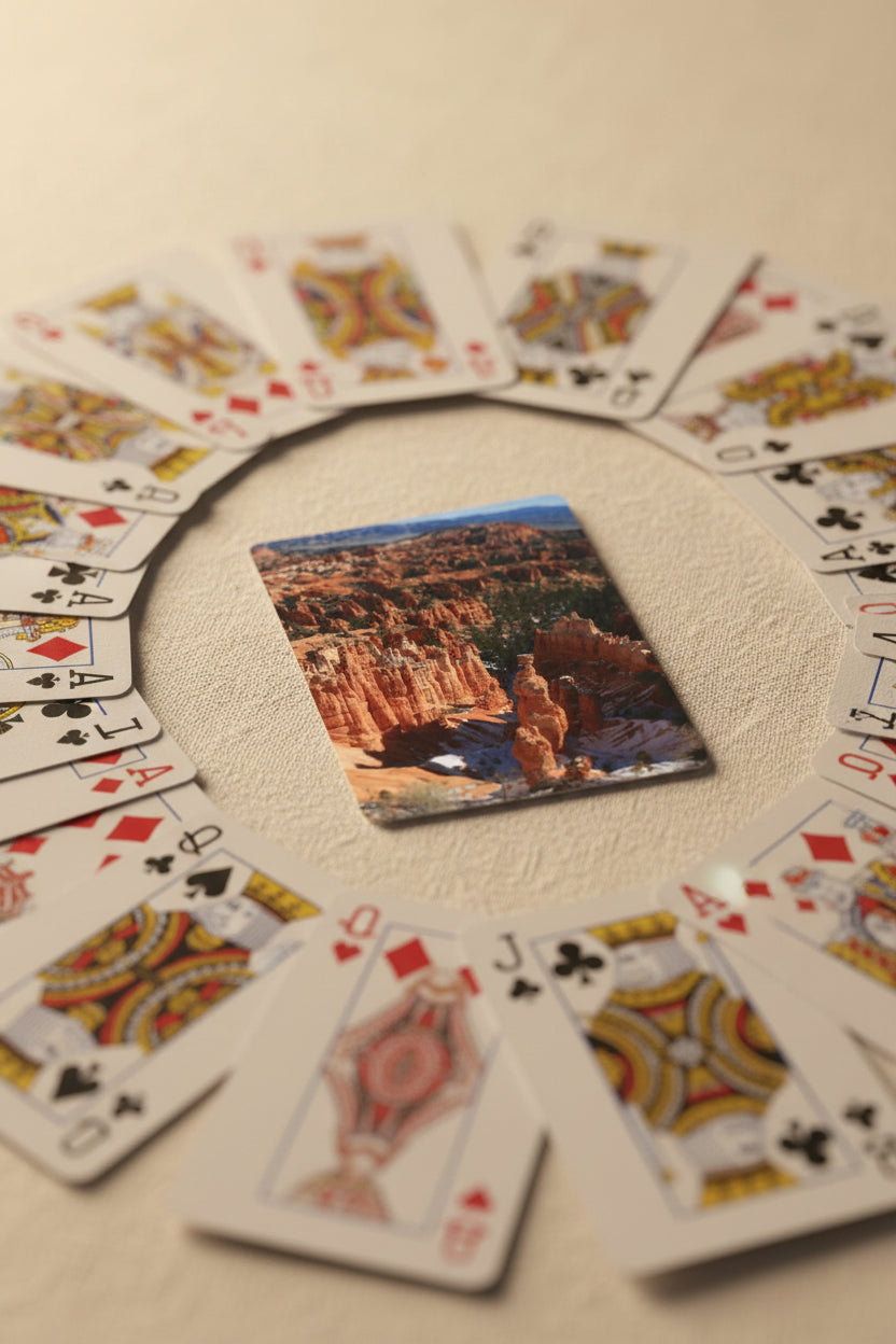Bryce Canyon Thor's Hammer playing cards spread in a circle on light surface -- original photo art poker deck by MyLittleFe.