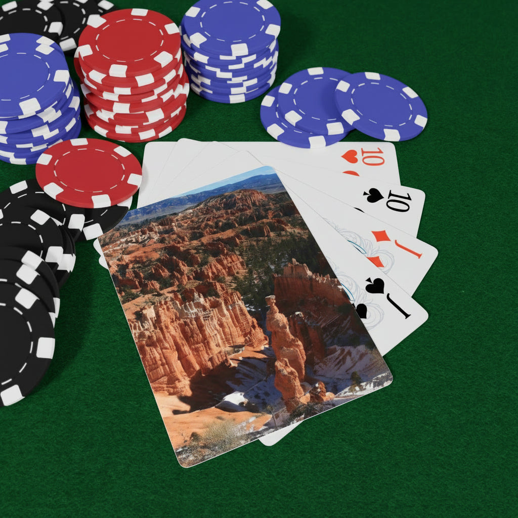 Bryce Canyon Thor's Hammer playing cards with poker chips on green felt -- original photo art poker deck by MyLittleFe.