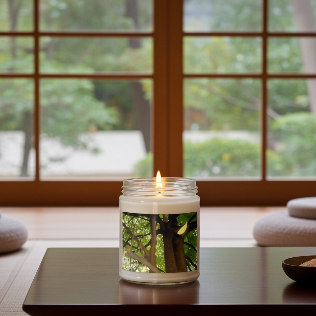 Candle in a glass jar with a tree with a falling leaf design on a table in a room with large windows.