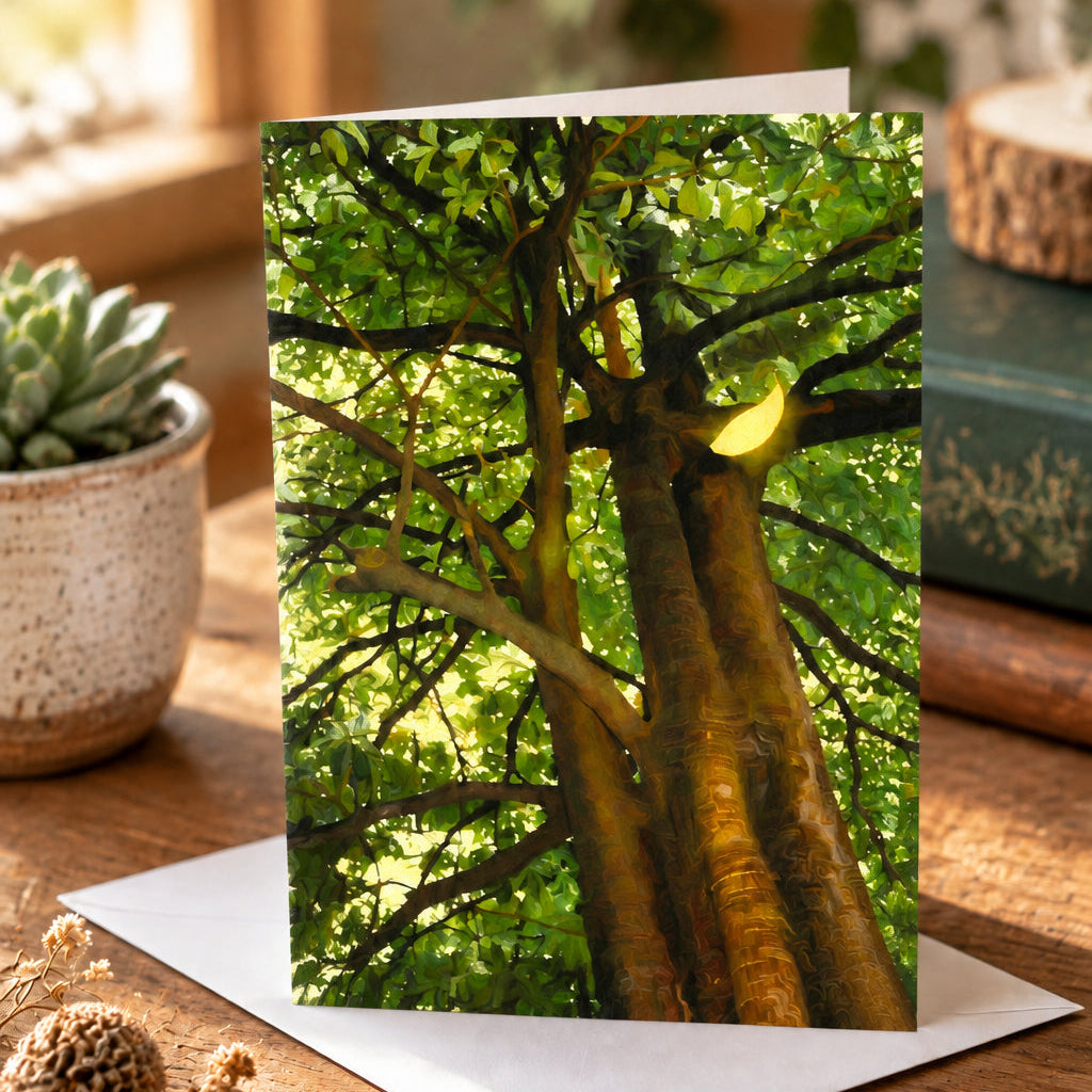 A stylized digital painting of a large tree with thick brown trunks, dense green foliage, and a bright yellow glowing light near the upper right branches.