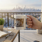 A white ceramic mug with a printed photograph of a light brown dog on the side with a hand holding it at a patio apartment