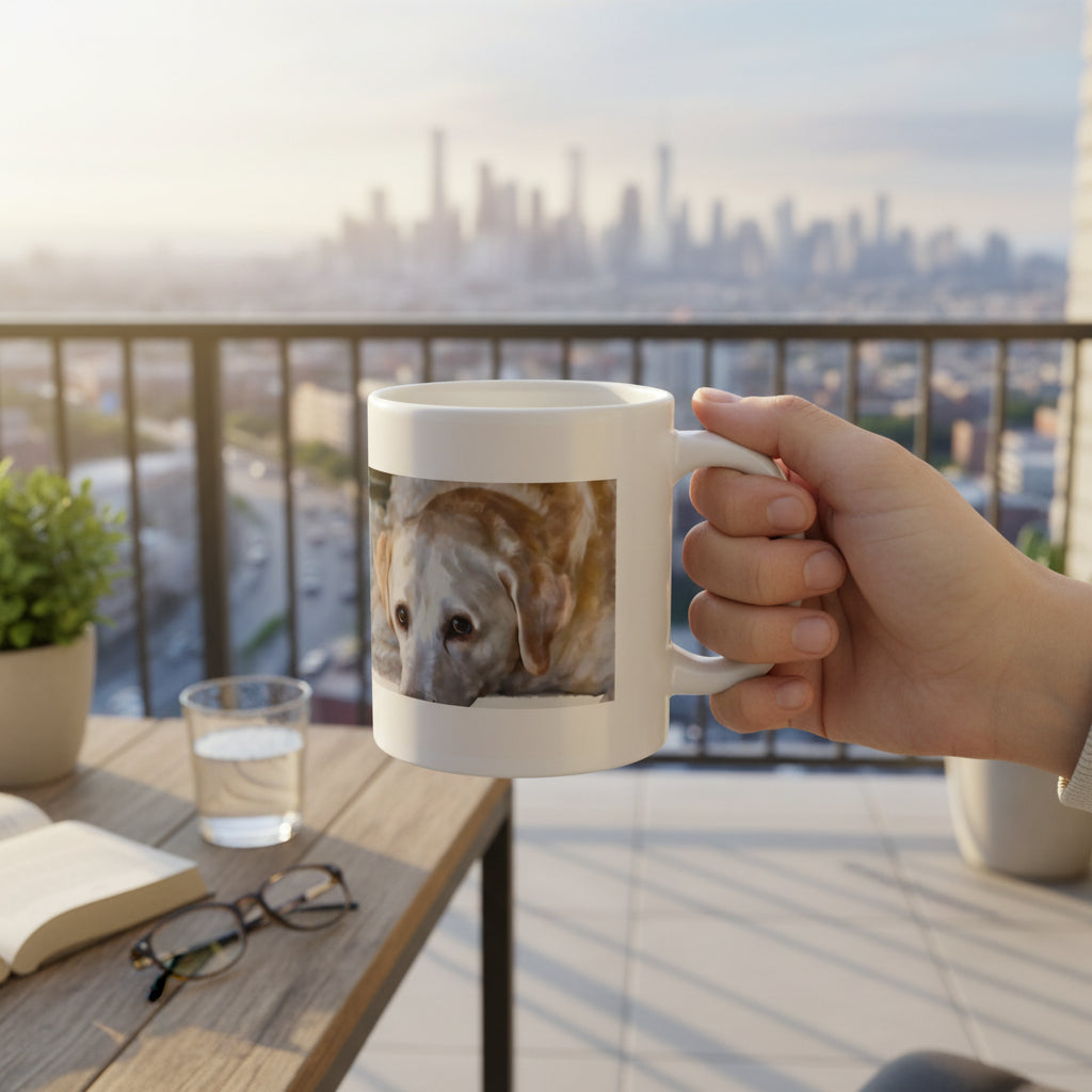 A white ceramic mug with a printed photograph of a light brown dog on the side with a hand holding it at a patio apartment