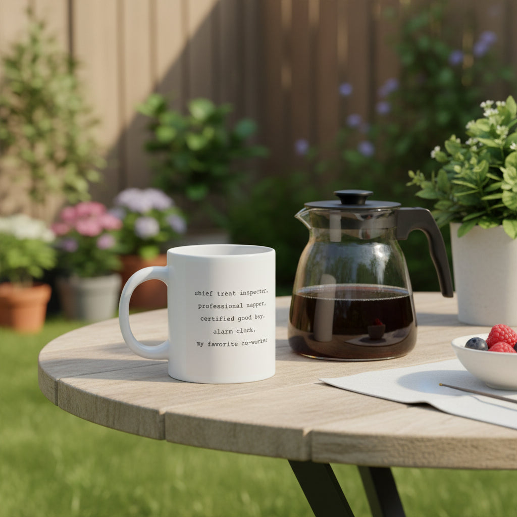 A white ceramic coffee mug with black printed text that reads 'chief treat inspector, professional napper, certified good boy, alarm clock, my favorite co-worker' in an outdoor backyard table with a coffee carafe and fruit next to it.