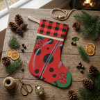 A festive Christmas stocking with a red and black buffalo plaid cuff and a red body patterned with black ladybugs, hanging from a wooden mantel decorated with a green pine garland, evergreen branches, and a gold star ornament, with a warm fireplace and a blurred Christmas tree in the background.