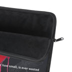 Black zippered pouch with text and design on a white background