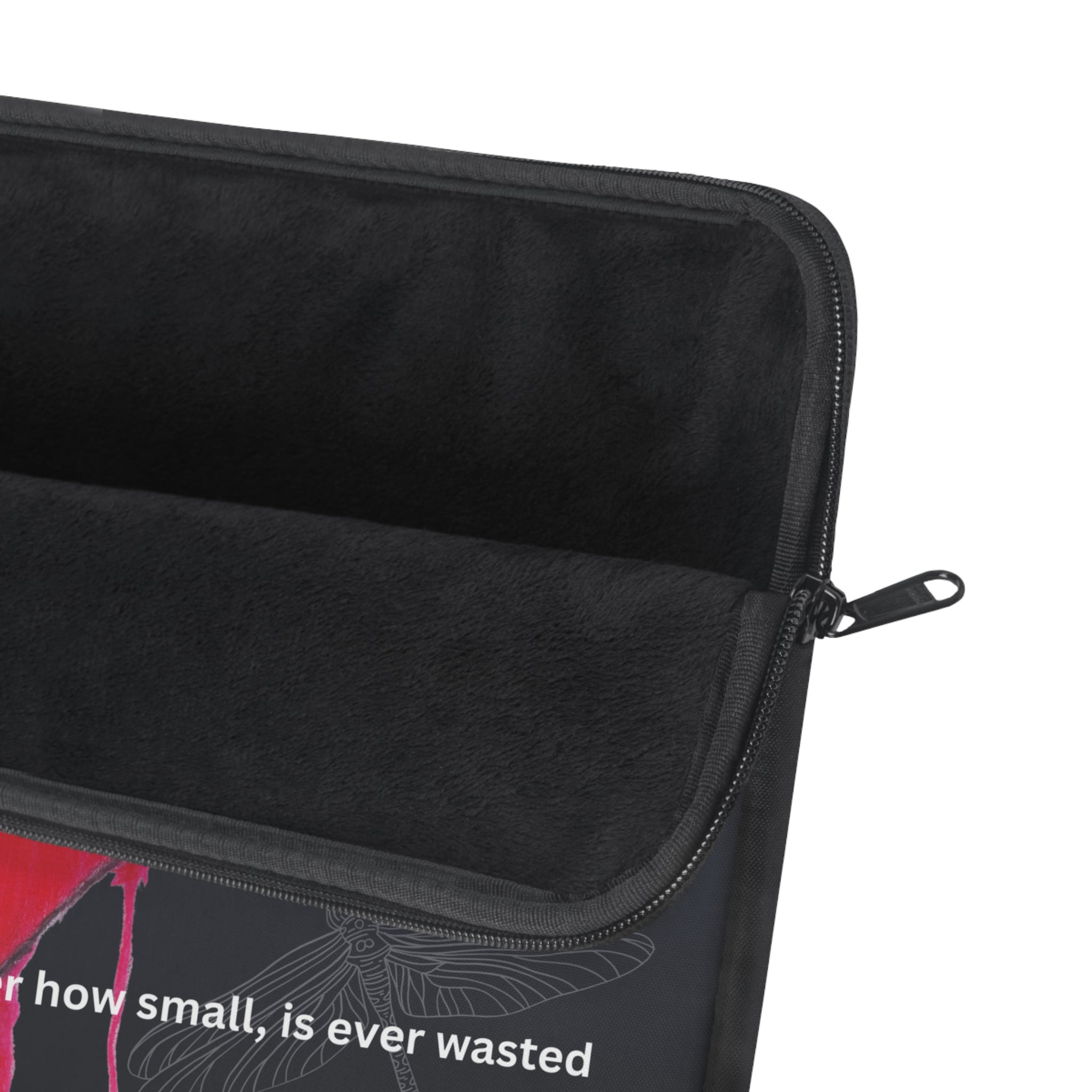 Black zippered pouch with text and design on a white background