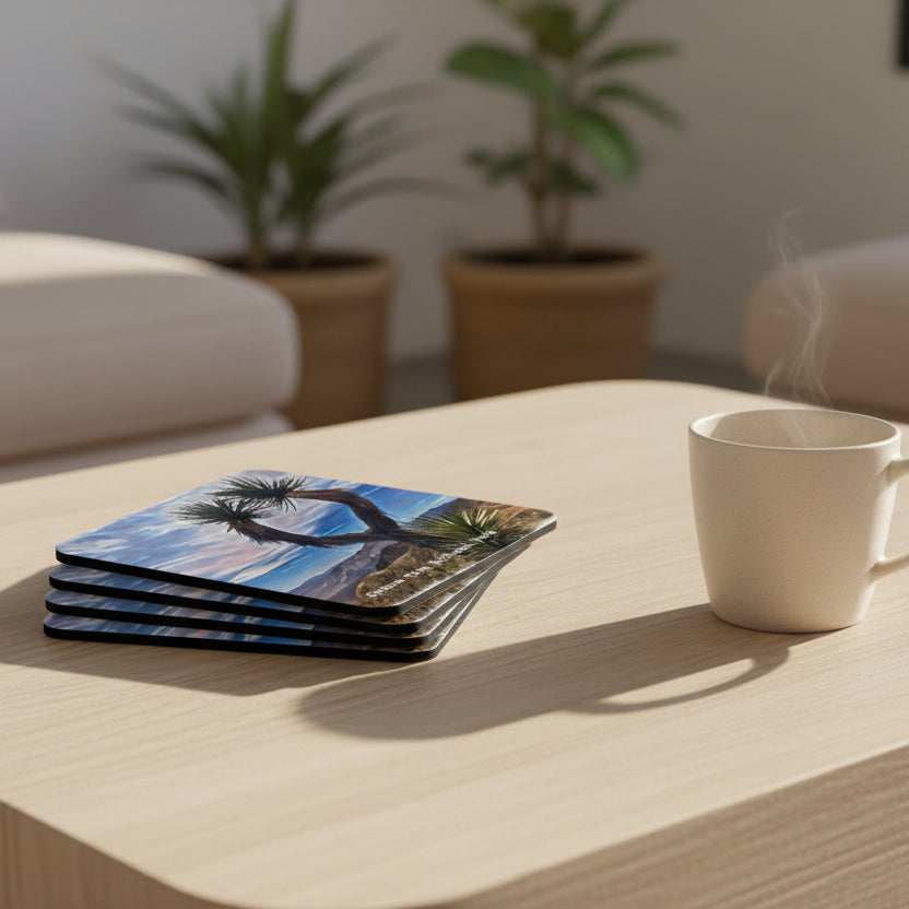 Set of four coasters with a Joshua Tree National Park design on a coffee table