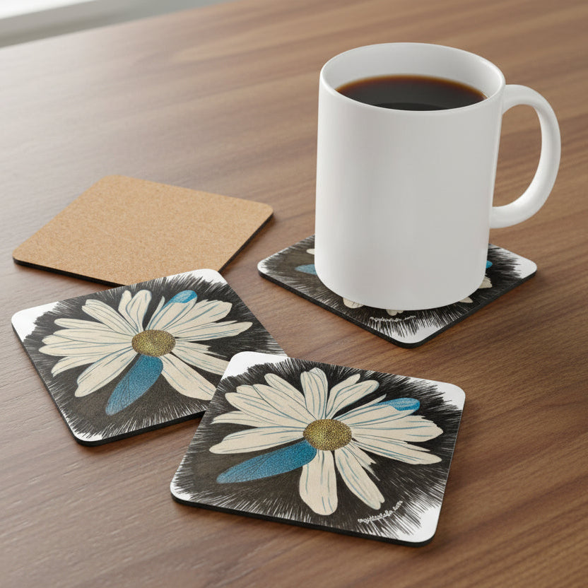 Set of Daisy Dragonfly Wings Petals coasters with a mug medium brown taable