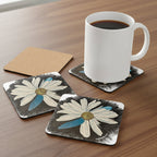 Set of Daisy Dragonfly Wings Petals coasters with a mug medium brown taable