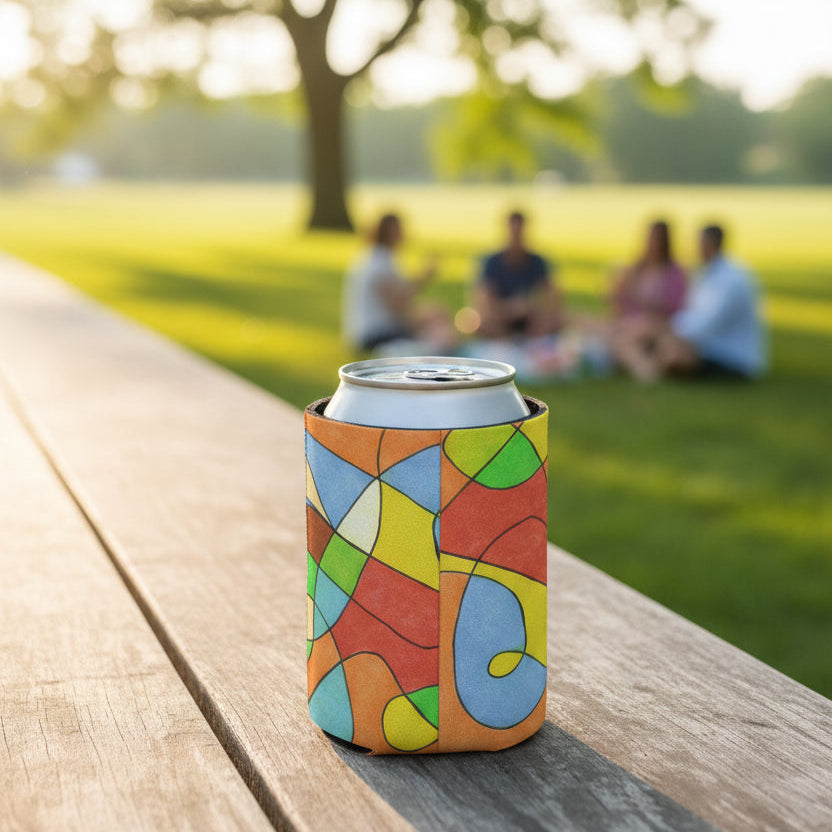 Colorful can cooler on a wooden table with people sitting in a park in the background