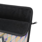 Black zippered pouch with colorful geometric pattern on a white background