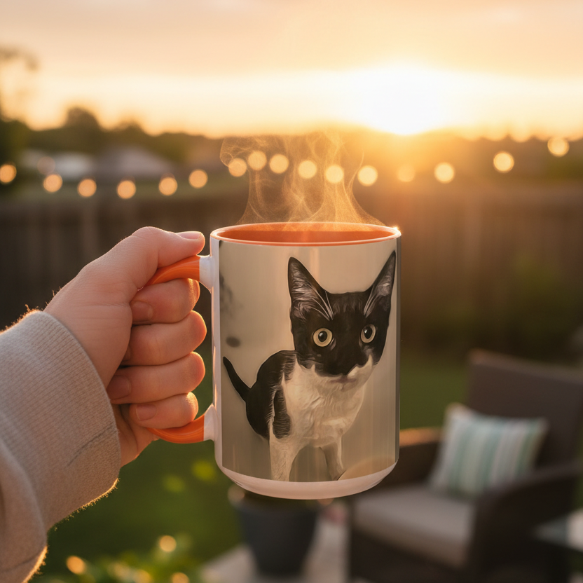 A hand holds a white ceramic mug with an orange handle and rim, printed with a black-and-white cat portrait, against a warm sunset backyard patio background with string lights and outdoor furniture.