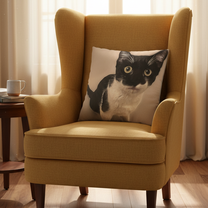 A mustard yellow wingback armchair in a bright room, styled with a square throw pillow featuring a black and white cat print.