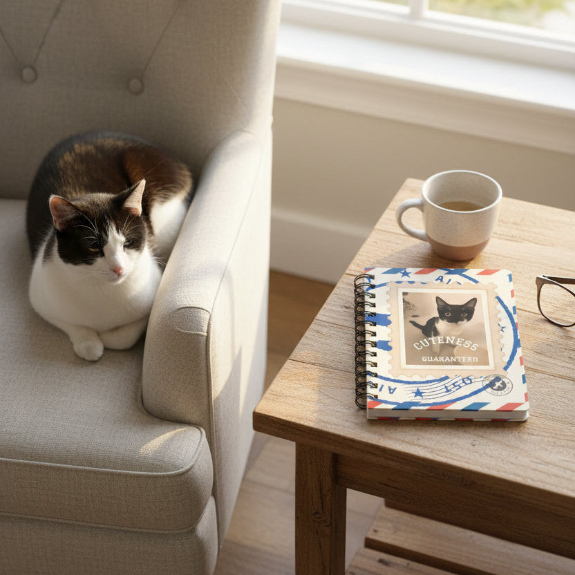 A spiral-bound notebook with a vintage airmail envelope design in red, white, and blue, featuring a central stamp-like graphic with a black-and-white cat photo and the words 'Cuteness Guaranteed'.