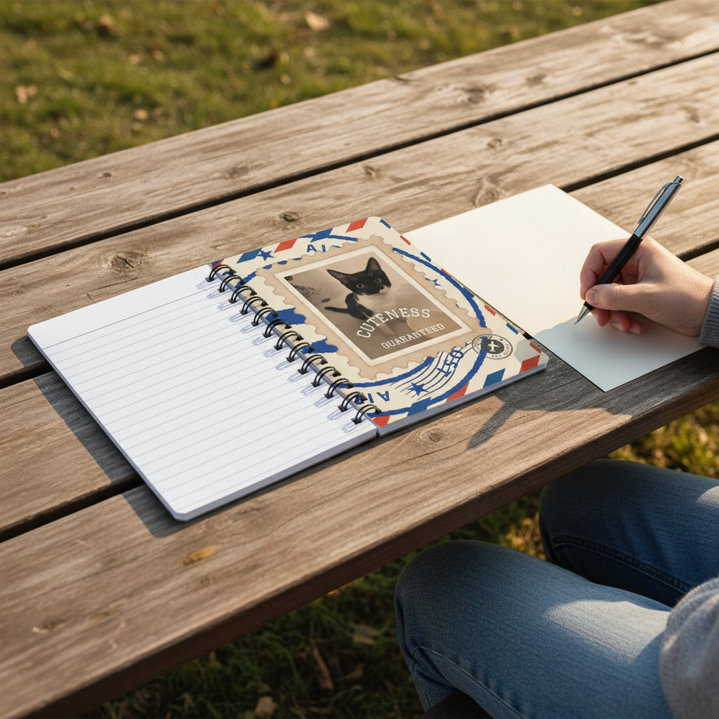 A spiral-bound lined notebook shown open on a white background. The right page features a decorative cover design styled like a vintage postage stamp with a black-and-white cat photo, the words 'Cuteness Guaranteed,' and red, white, and blue stamp-like graphics.