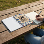A spiral-bound lined notebook shown open on a white background. The right page features a decorative cover design styled like a vintage postage stamp with a black-and-white cat photo, the words 'Cuteness Guaranteed,' and red, white, and blue stamp-like graphics.