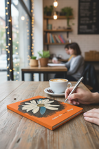 Person writing in a notebook of a Daisy Dragonfly Wings design with a coffee cup on a table in a cafe.