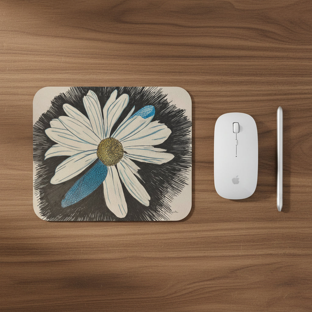 Daisy Dragonfly Wings as Petals design on a mouse pad with a mouse and a stylus pen next to it.
