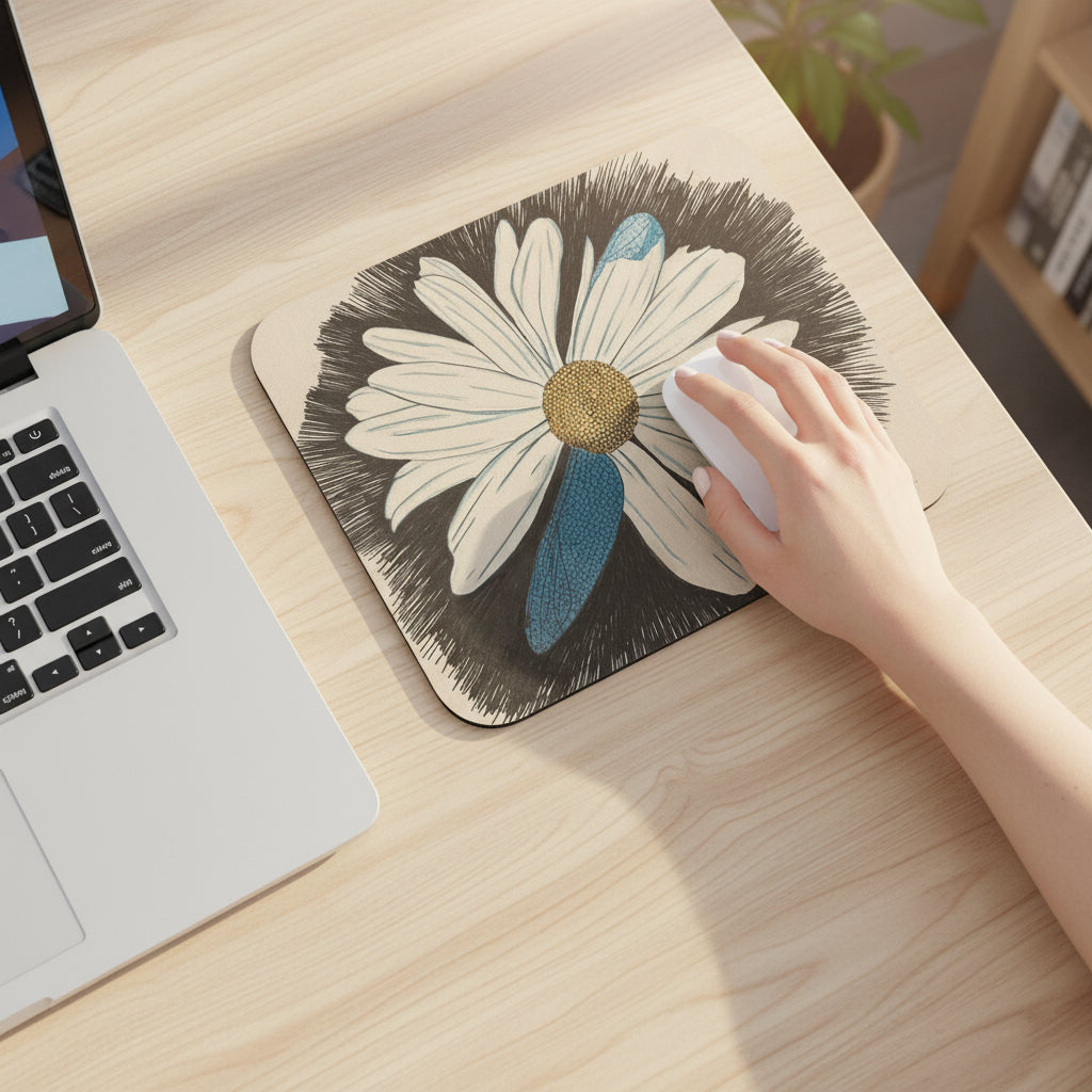 Laptop with a mouse pad featuring a daisy dragonfly wings design on a light wood desk with a woman's hand on the mouse