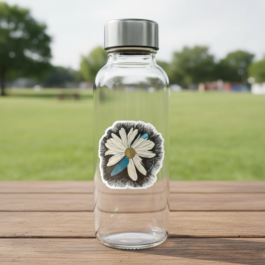 Sticker with a daisy dragonfly wings petal design on a claer water bottle on a picnic table in a park setting.