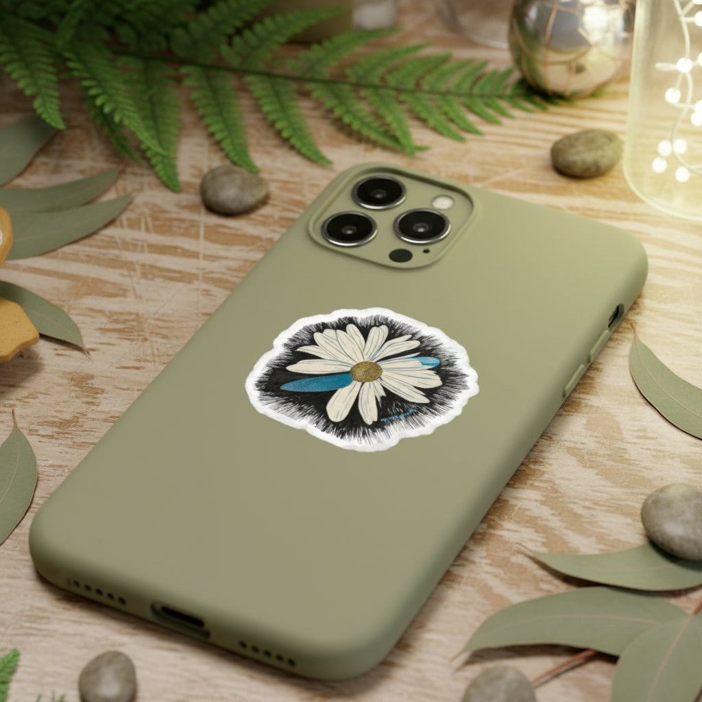 Green phone case with a Daisy dragonfly wings petals design on a wooden surface with greenery