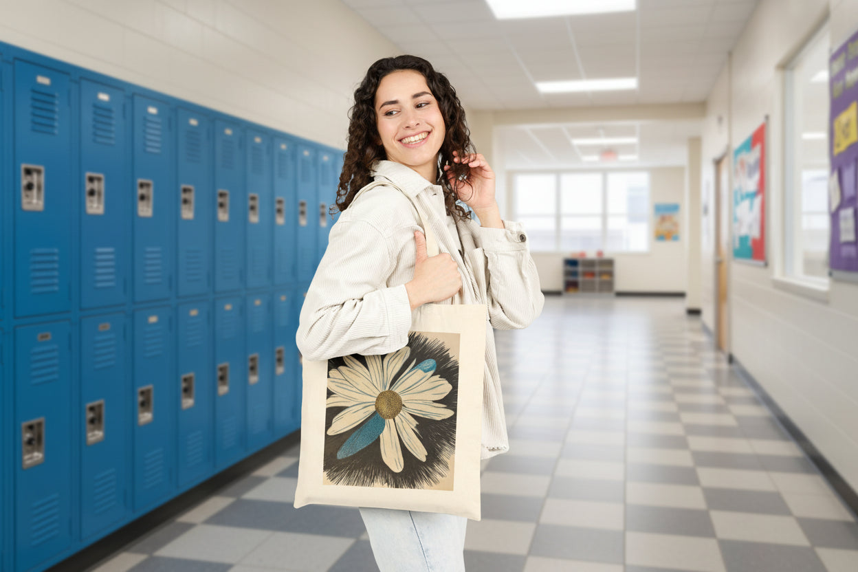 Woman holding a tote bag with a daisy dragonfly wings design on a school setting