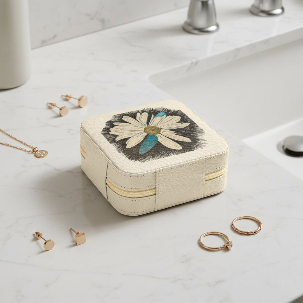 Travel Jewelry box with Daisy Dragonfly Wings design on a white bathroom sink with earrings, rings and necklace next to it.