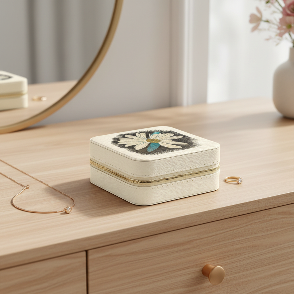 A cream-colored square jewelry box with a gold zipper and a black-and-white floral lid design, styled on a light wood dresser next to a gold necklace and ring.