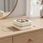 A cream-colored square jewelry box with a gold zipper and a black-and-white floral lid design, styled on a light wood dresser next to a gold necklace and ring.