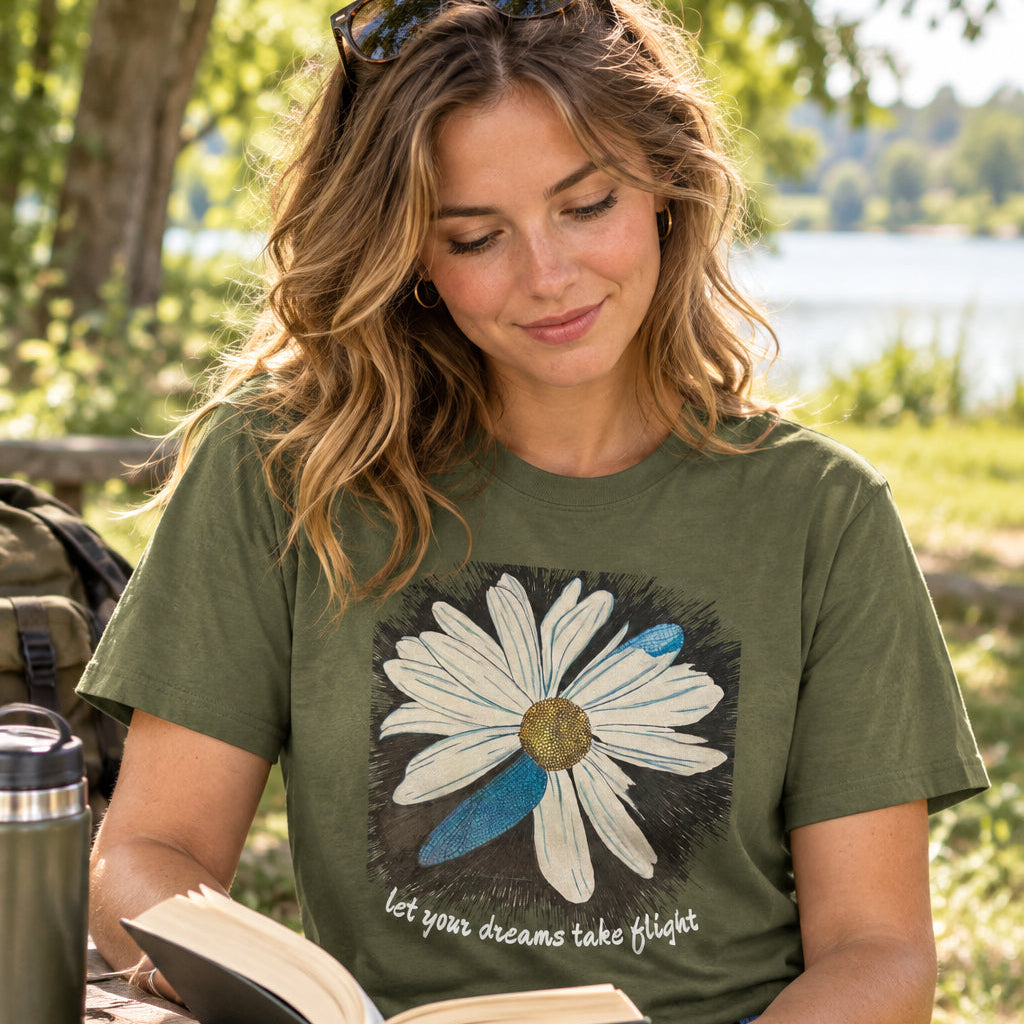 Green t-shirt with a daisy that has dragonfly wings as petals worn by a woman reading a book